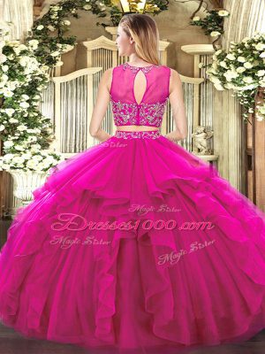 Trendy Fuchsia Sleeveless Floor Length Beading and Ruffles Zipper 15th Birthday Dress