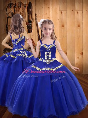 Inexpensive Straps Sleeveless Lace Up Pageant Gowns For Girls Royal Blue Organza