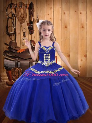 Inexpensive Straps Sleeveless Lace Up Pageant Gowns For Girls Royal Blue Organza