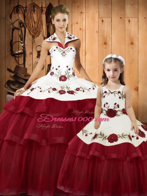 Stunning Floor Length Wine Red Vestidos de Quinceanera Halter Top Sleeveless Lace Up