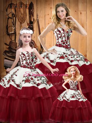 Wine Red Sleeveless Floor Length Embroidery and Ruffled Layers Lace Up 15th Birthday Dress