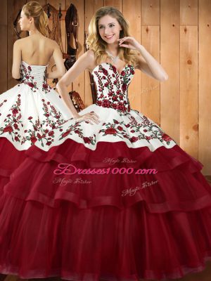 Wine Red Sleeveless Floor Length Embroidery and Ruffled Layers Lace Up 15th Birthday Dress