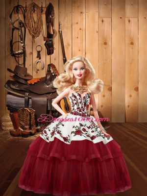 Wine Red Sleeveless Floor Length Embroidery and Ruffled Layers Lace Up 15th Birthday Dress