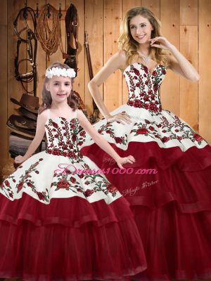 Wine Red Sleeveless Floor Length Embroidery and Ruffled Layers Lace Up 15th Birthday Dress