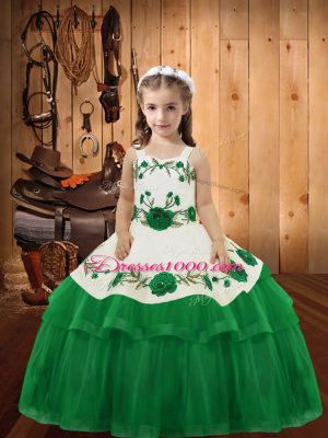 Green Organza Lace Up Straps Sleeveless Floor Length Pageant Dress Toddler Embroidery and Ruffled Layers