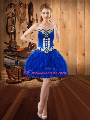 Fine Royal Blue Sweetheart Neckline Embroidery and Ruffles Prom Dresses Sleeveless Lace Up