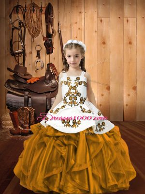 Cheap Brown Pageant Dress Sweet 16 and Quinceanera with Embroidery and Ruffles Straps Sleeveless Lace Up