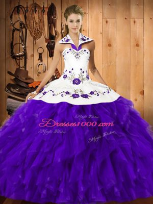 Floor Length Purple Vestidos de Quinceanera Satin and Organza Sleeveless Embroidery and Ruffles