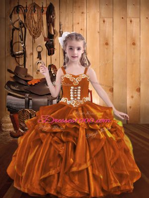 Lovely Sleeveless Organza Floor Length Lace Up Pageant Dress for Teens in Orange with Embroidery and Ruffles