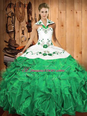 Turquoise Satin and Organza Lace Up Halter Top Sleeveless Floor Length Vestidos de Quinceanera Embroidery and Ruffles