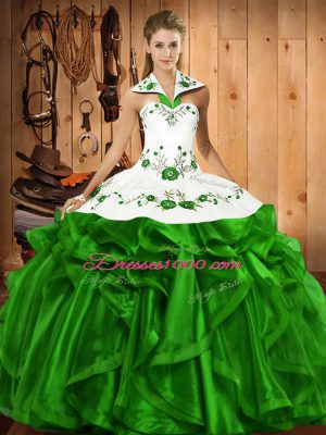 Sophisticated Halter Top Sleeveless 15 Quinceanera Dress Floor Length Embroidery and Ruffles Satin and Organza