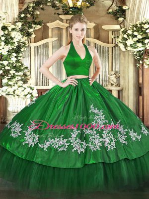 Enchanting Green Two Pieces Halter Top Sleeveless Taffeta Floor Length Zipper Appliques Ball Gown Prom Dress