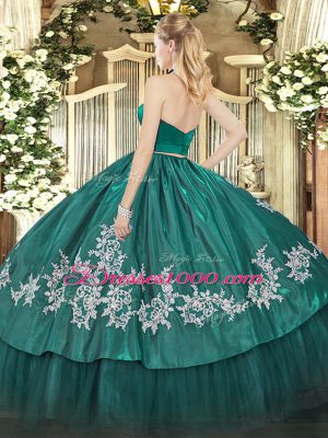 Enchanting Green Two Pieces Halter Top Sleeveless Taffeta Floor Length Zipper Appliques Ball Gown Prom Dress