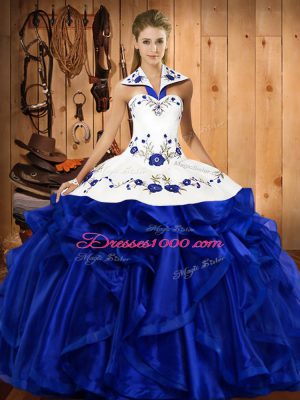 Sophisticated Royal Blue Sweet 16 Dresses Military Ball and Sweet 16 and Quinceanera with Embroidery and Ruffles Halter Top Sleeveless Lace Up