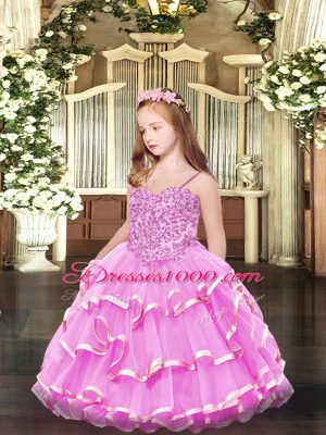 Affordable Rose Pink Sleeveless Appliques and Ruffled Layers Floor Length Little Girl Pageant Dress
