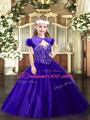Fantastic Purple Ball Gowns Beading Pageant Gowns Lace Up Tulle Sleeveless Floor Length