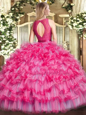 Pretty Fuchsia Scoop Zipper Ruffled Layers Quince Ball Gowns Sleeveless