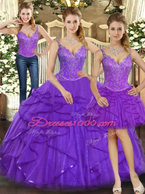 Custom Design Sleeveless Floor Length Beading and Ruffles Lace Up Quinceanera Dress with Purple
