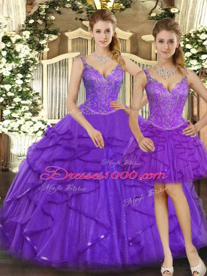 Custom Design Sleeveless Floor Length Beading and Ruffles Lace Up Quinceanera Dress with Purple