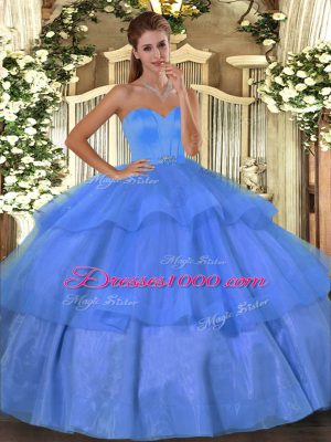 Ideal Baby Blue Ball Gowns Sweetheart Sleeveless Organza Floor Length Lace Up Beading and Ruffled Layers Quinceanera Gowns