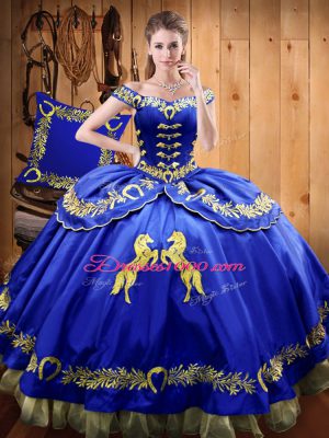 Royal Blue Satin and Organza Lace Up Off The Shoulder Sleeveless Floor Length Quinceanera Dress Beading and Embroidery
