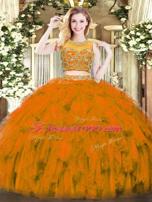 Flirting Rust Red Tulle Zipper Scoop Sleeveless Floor Length Quince Ball Gowns Beading and Ruffles