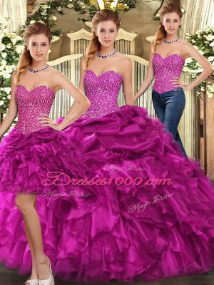 Fashionable Fuchsia Organza Lace Up Sweetheart Sleeveless Floor Length Quinceanera Gown Beading and Ruffles