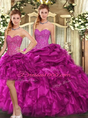 Fashionable Fuchsia Organza Lace Up Sweetheart Sleeveless Floor Length Quinceanera Gown Beading and Ruffles