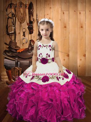 Most Popular Straps Sleeveless Organza Little Girl Pageant Gowns Embroidery and Ruffles Lace Up