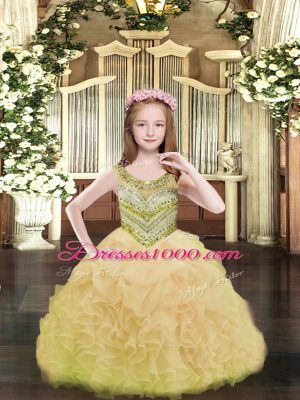Trendy Gold Scoop Lace Up Beading and Ruffles and Pick Ups Kids Pageant Dress Sleeveless
