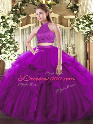 Customized Purple Backless Halter Top Beading and Ruffles Quince Ball Gowns Tulle Sleeveless