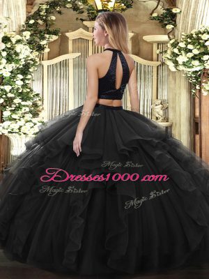 Customized Purple Backless Halter Top Beading and Ruffles Quince Ball Gowns Tulle Sleeveless