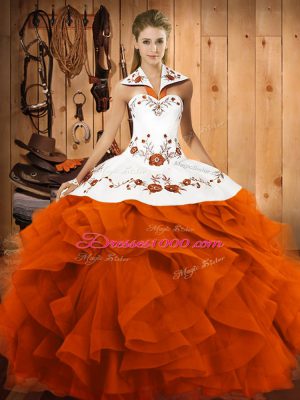 Classical Orange Red Sleeveless Embroidery and Ruffles Floor Length Ball Gown Prom Dress