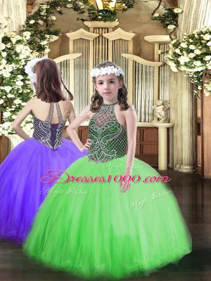 Glorious Sleeveless Tulle Floor Length Lace Up Glitz Pageant Dress in Green with Beading