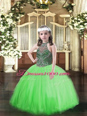 Glorious Sleeveless Tulle Floor Length Lace Up Glitz Pageant Dress in Green with Beading