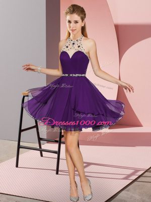 Exceptional Mini Length Purple Prom Dresses Chiffon Sleeveless Beading