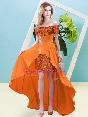 High End Short Sleeves Lace Up High Low Beading Dress for Prom