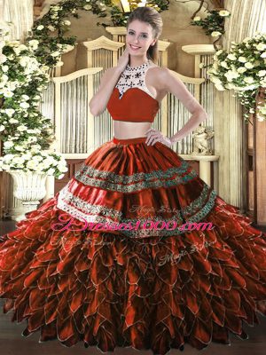 Rust Red High-neck Backless Beading and Ruffles Quinceanera Gown Sleeveless