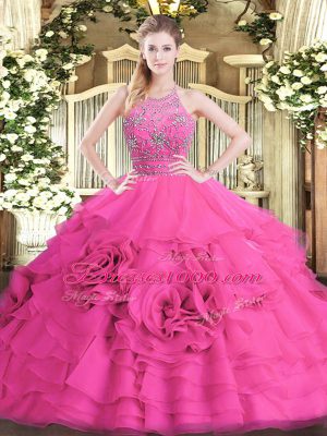 Exceptional Hot Pink Halter Top Zipper Beading and Ruffled Layers 15th Birthday Dress Sleeveless