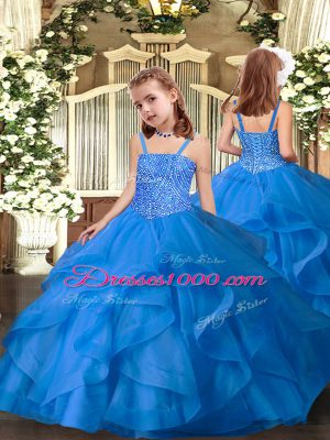 Latest Blue Organza Lace Up Straps Sleeveless Floor Length Pageant Dress for Womens Beading and Ruffles