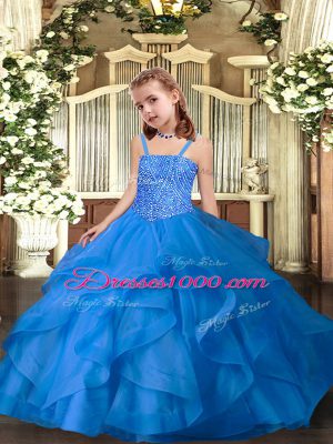 Latest Blue Organza Lace Up Straps Sleeveless Floor Length Pageant Dress for Womens Beading and Ruffles