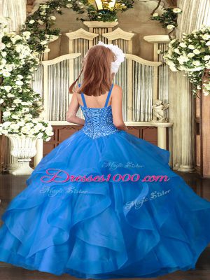 Latest Blue Organza Lace Up Straps Sleeveless Floor Length Pageant Dress for Womens Beading and Ruffles
