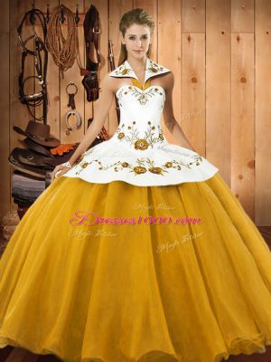 Nice Gold Halter Top Lace Up Embroidery Quinceanera Gowns Sleeveless