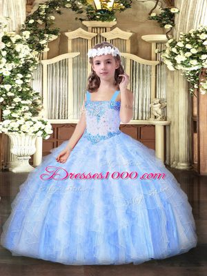 Fantastic Beading and Ruffles Girls Pageant Dresses Light Blue Lace Up Sleeveless Floor Length