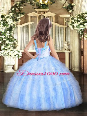 Fantastic Beading and Ruffles Girls Pageant Dresses Light Blue Lace Up Sleeveless Floor Length
