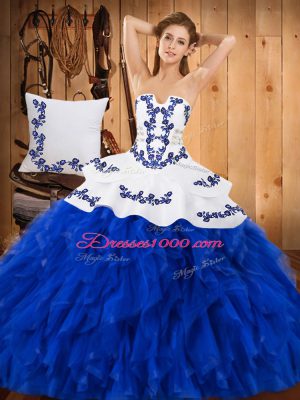Beautiful Blue And White Satin and Organza Lace Up Vestidos de Quinceanera Sleeveless Floor Length Embroidery and Ruffles