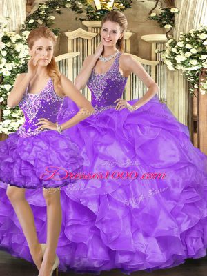 Latest Eggplant Purple Sleeveless Beading and Ruffles Floor Length 15 Quinceanera Dress