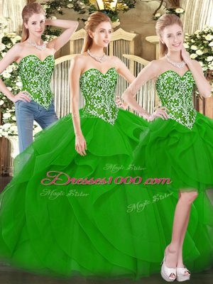 Trendy Green Tulle Lace Up Sweetheart Sleeveless Floor Length Quinceanera Dresses Beading and Ruffles
