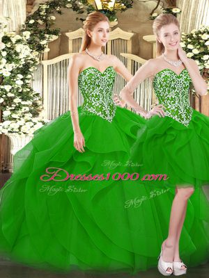 Trendy Green Tulle Lace Up Sweetheart Sleeveless Floor Length Quinceanera Dresses Beading and Ruffles