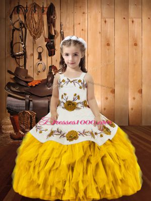 High Quality Floor Length Ball Gowns Sleeveless Gold High School Pageant Dress Lace Up